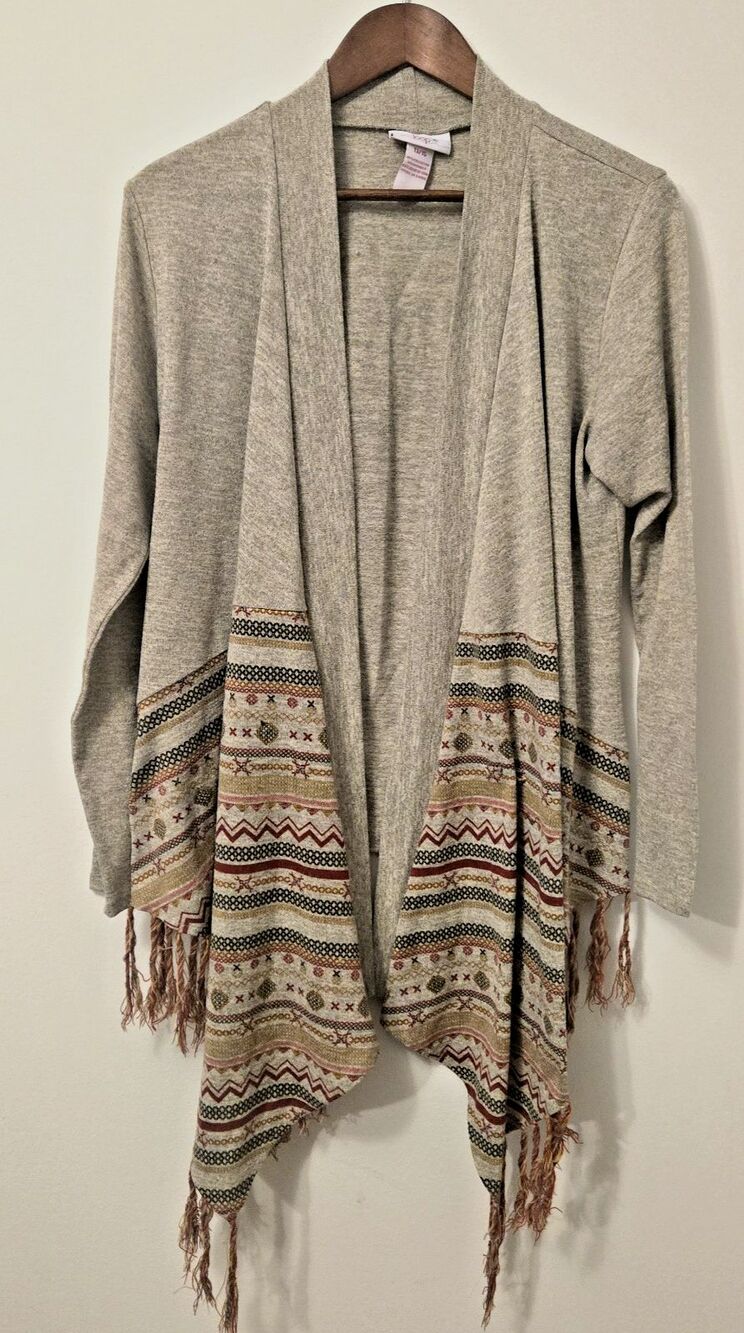 Y2K Fringe Waterfall Cardigan Size 13/15 Festival Tribal Aztec Print Boho Earthy